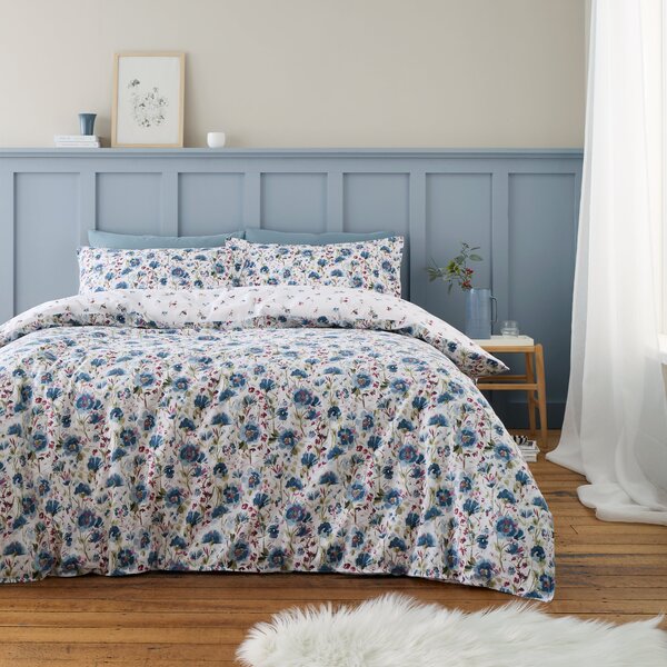 Bianca Ophelia Floral 100% Brushed Cotton Duvet Cover and Pillowcase Set Blue