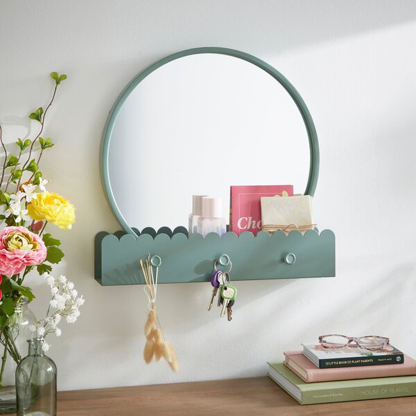 Remi Round Wall Mirror with Scalloped Shelf Green