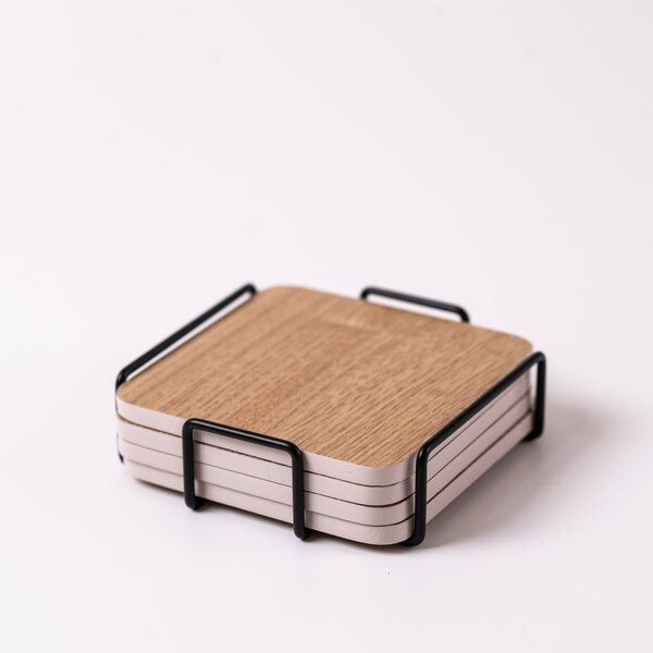 Set of 4 Wooden Coasters With Metal Holder Grey