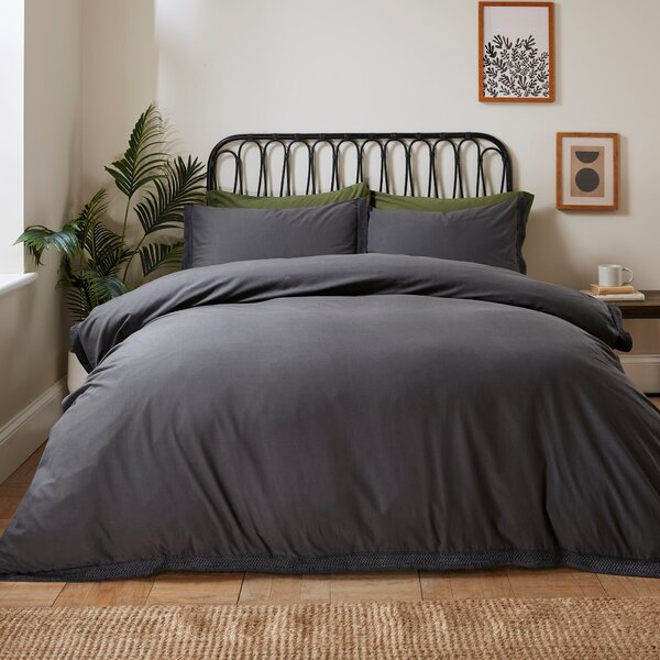 Ludlow Washed Cotton Duvet Cover and Pillowcase Set Charcoal (Grey)