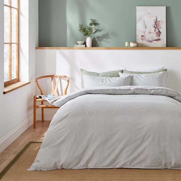 Fairford Ticking Stripe Sage Duvet Cover and Pillowcase Set Sage (Green)
