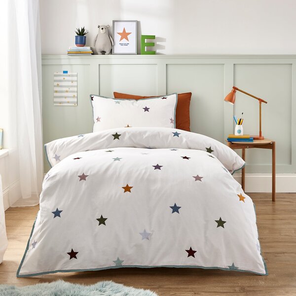 Embroidered Stars Single Duvet Cover and Pillowcase Set White