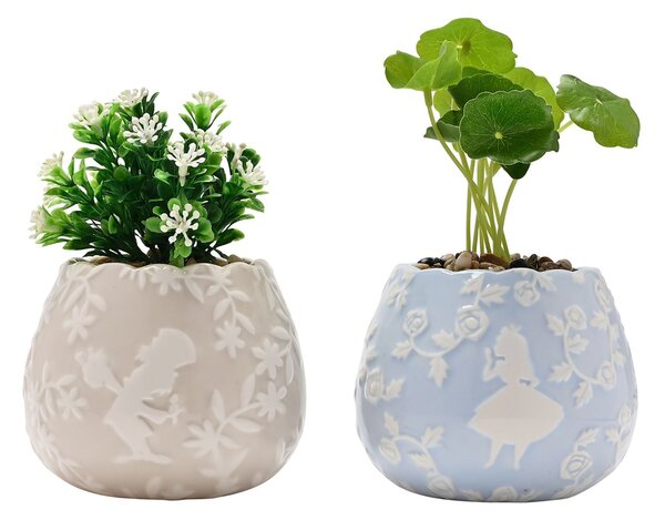 Set of 2 Artificial Plants in Disney Alice in Wonderland Plant Pots