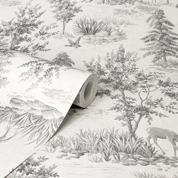 Grey Stag Toile Matte Flat Wallpaper