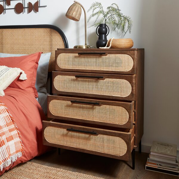 Mila 4 Drawer Chest, Dark Mango Wood and Rattan