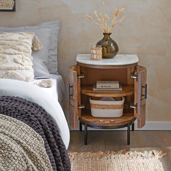 Mila 2 Door Bedside Table, Mango Wood and Marble