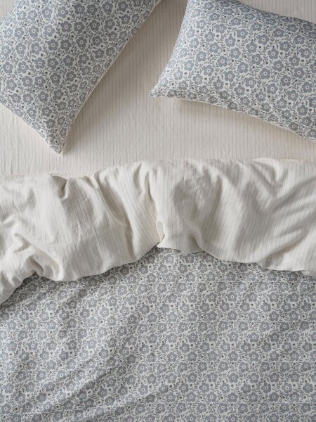 Dusk Blue Folk Floral Linen Blend Duvet Cover | Single | Piglet in Bed