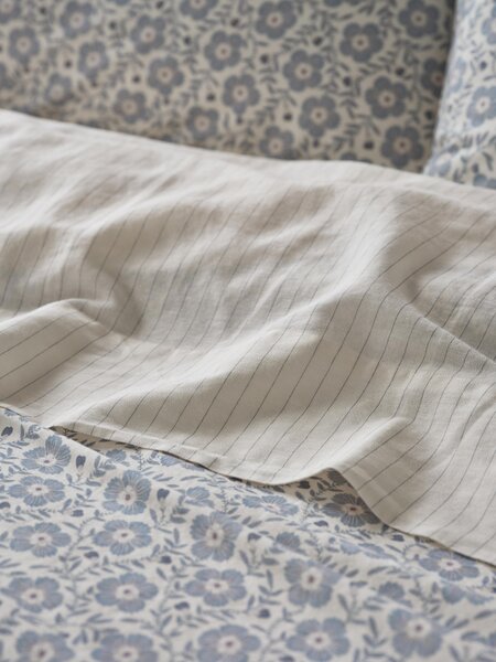Dusk Blue Folk Stripe Linen Blend Flat Sheet | Single | Piglet in Bed