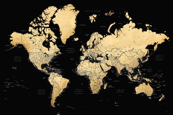 Map Black and gold detailed world map with cities, Eleni, Blursbyai