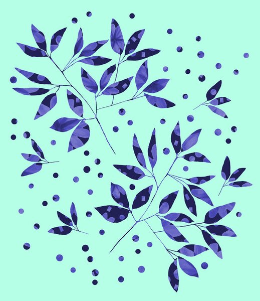 Photography Floral Branches Blue Pattern On Mint, Michele Channell, (30 x 40 cm)