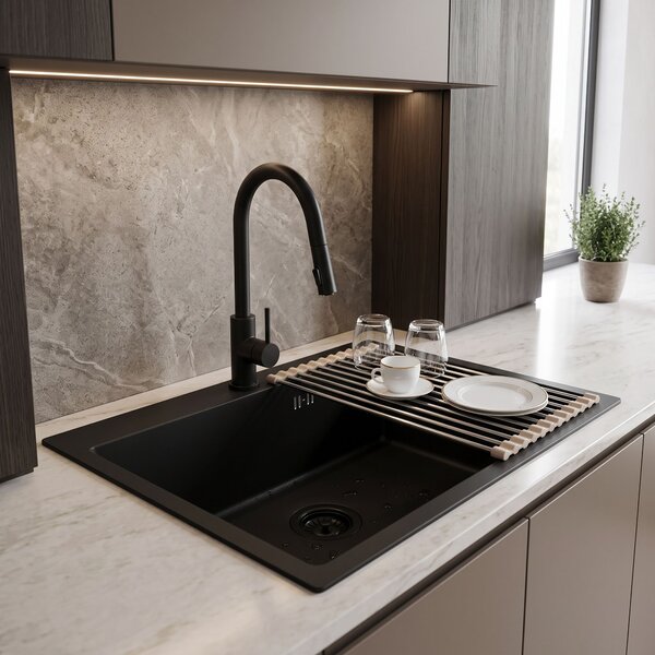 Steel sink with 3-piece accessory set REA Leo 50 Black