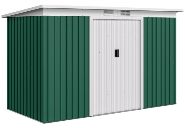 Outsunny 9ft x 4.25ft Corrugated Garden Metal Storage Shed Outdoor Equipment Tool Box with Foundation Ventilation & Doors Deep Green Aosom UK
