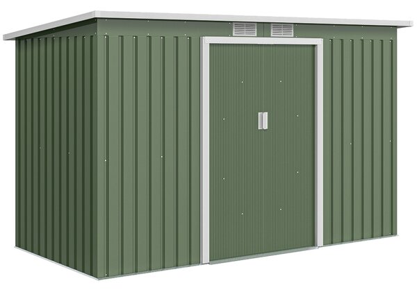 Outsunny 9 x 4.5 ft Pent Roof Metal Garden Storage Shed Corrugated Steel Tool Box with Foundation Ventilation & Doors, Light Green Aosom UK