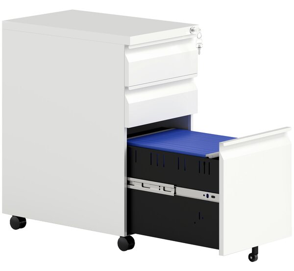 Vinsetto 3-Drawer Steel Filing Cabinet with Lock and Wheels - White