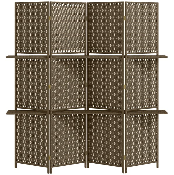 HOMCOM 4-Panel Room Dividers with Shelves, Wave Fibre Freestanding Folding Privacy Screen Panels, Partition Wall Divider Brown Aosom UK