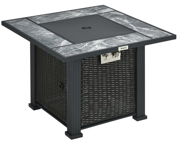 Outsunny Rattan Gas Fire Pit Table, Marble Top Patio Heater w/ Windscreen & Rain Cover, Outdoor Garden Centrepiece Aosom UK