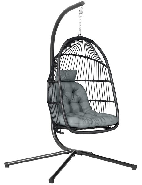 Outsunny Rattan Hanging Egg Chair with Stand, Foldable Wicker Swing Egg Chair with Cushion, Head Pillow, Steel Frame, Hammock Chair for Indoor Outdoor, Capacity 150 kg, Dark Grey