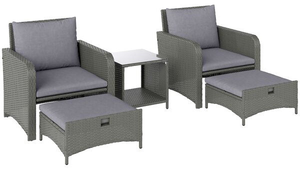 Outsunny Five Piece Rattan Garden Furniture Set with 2-Tier Coffee Table and Ottomans - Grey