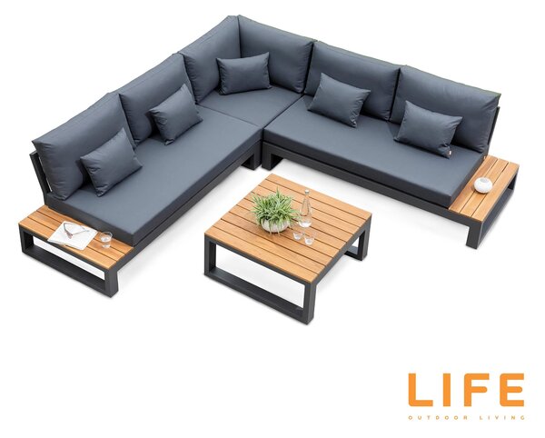 LIFE Soho Outdoor Living Corner Lounge Set with Teak Coffee and Side Tables