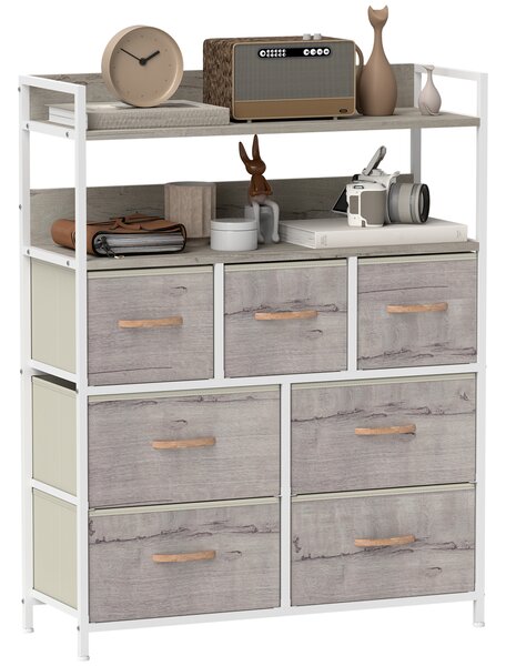 HOMCOM Rustic Chest of Seven Fabric Drawers - Natural Wood Finish