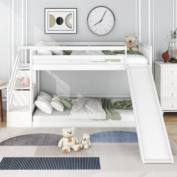 Children's Bunk Beds with Stairs and Slide, Solid Pine Wood Single Bed Frame, Kids Storage Bed with 2 Drawers, 233x223x125 cm, White Aosom.UK