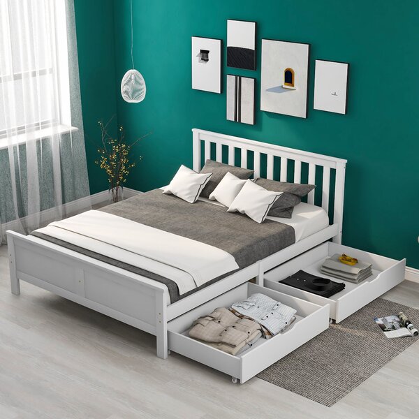 Wooden Solid Pine Divan Storage Bed with Drawers, Double Bed Frame with under bed storage for Adults and Kids, 196x146x82 cm, White Aosom.UK