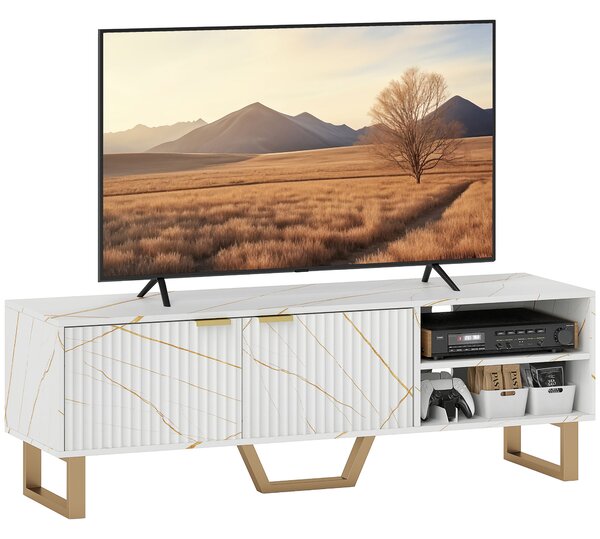 HOMCOM Marble Effect TV Unit, TV Stand Cabinet for up to 70" TVs, Modern TV Cabinet with Shelves and Storage Cupboard, Fluted Door, Extra Centre Leg, Cable Management for Living Room, White