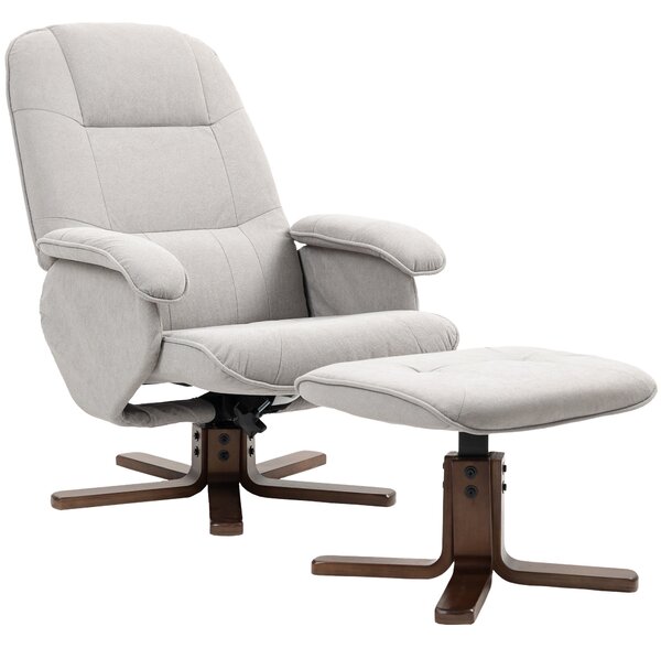 HOMCOM Linen Swivel Recliner Chair with Footstool, Upholstered Reclining Armchair with Wooden Base for Living Room, Light Grey