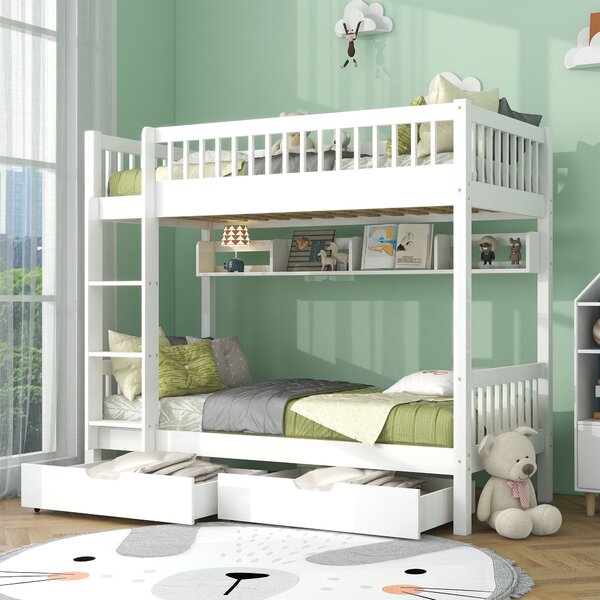 Bunk Bed for 2 Kids with Under Bed Drawer Storage and Shelves, Solid Pine Wood Frame, Ideal for Kids Storage, 198x99.5x152 cm, White Aosom.UK