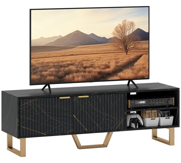 HOMCOM Marble Effect TV Unit, TV Stand Cabinet for up to 70" TVs, Modern TV Cabinet with Shelves and Storage Cupboard, Fluted Door, Extra Centre Leg, Cable Management for Living Room, Black