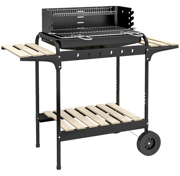 Outsunny Charcoal Barbecue Grill with Adjustable Grill Height, Portable BBQ Trolley with Ash Catcher and Wheels for Outdoor Garden Party Cooking, Black