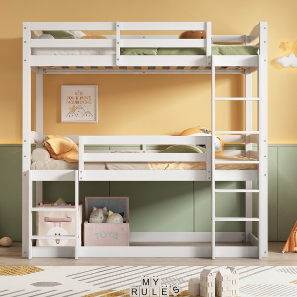 Children's Triple Bunk Bed with Ladder, Solid Pine Wood Frame, Space-Saving Design, Triple Sleeper Kids Bunk Bed, 195x96.5x191.5 cm, White Aosom.UK