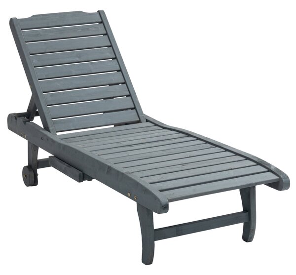 Outsunny Garden Patio Sun Lounger, Outdoor Wooden Sun Bed with Built-In Table, Reclining Backrest and Rolling Wheels for Sunbathing, Grey