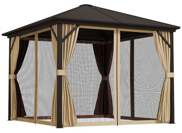 Outsunny 3 x 3(m) Metal Hardtop Gazebo, with Curtains and Accessories - Brown