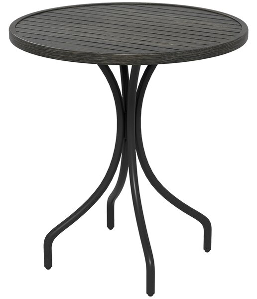 Outsunny Φ66cm Garden Side Table, Round Bistro Coffee Table, Outdoor Patio Table with Steel Frame and Slat Tabletop for Balcony and Porch, Grey Wood Grain