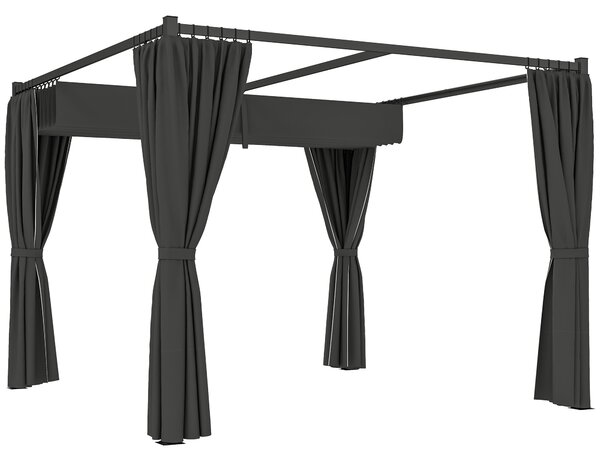 Outsunny 3 x 3(m) Retractable Pergola, Garden Gazebo Shelter with Curtains, for Grill, Patio, Deck, Charcoal Grey