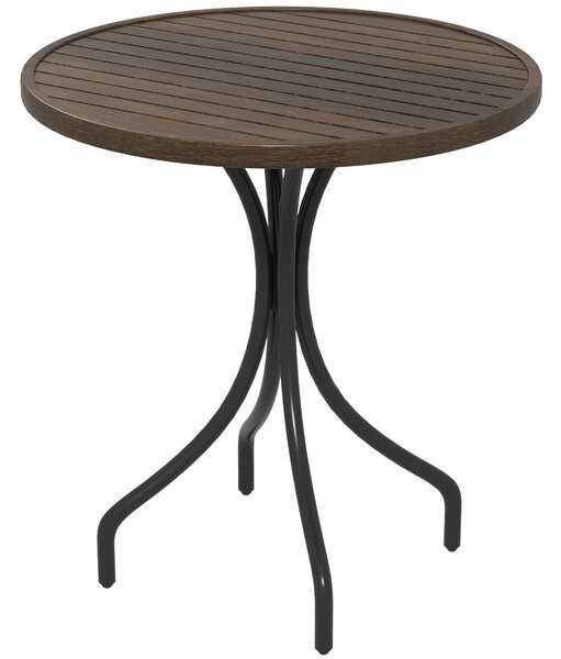 Outsunny Φ66cm Garden Side Table, Round Bistro Coffee Table, Outdoor Patio Table with Steel Frame and Slat Tabletop for Balcony and Porch, Brown Wood Grain
