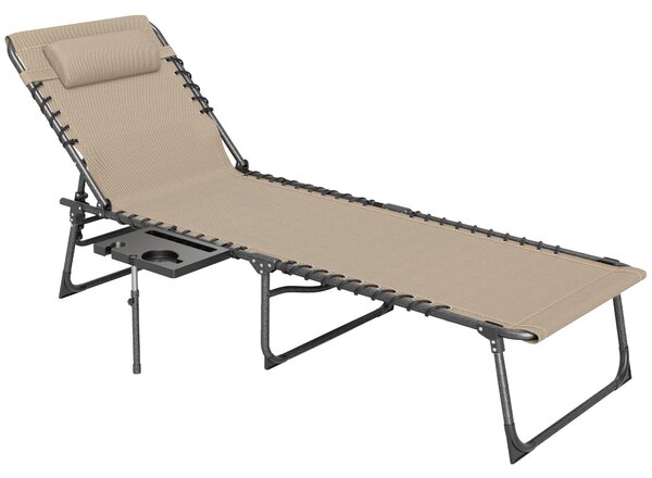 Outsunny Folding Sun Lounger with Side Table, 5-Level Adjustable Reclining Sun Lounger Chair, Portable Garden Recliner Sunbed with Side Pocket, Head Pillow for Patio, Beach, Beige
