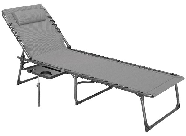 Outsunny Folding Sun Lounger with Side Table, 5-Level Adjustable Reclining Sun Lounger Chair, Portable Garden Recliner Sunbed with Side Pocket, Head Pillow for Patio, Beach, Grey