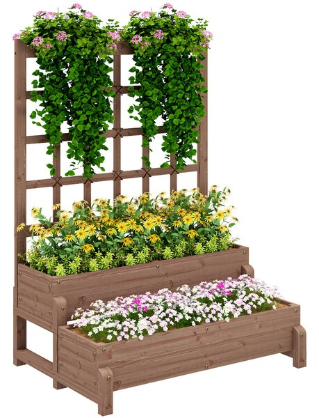 Outsunny 2-Tier Raised Garden Bed with Trellis, Wooden Elevated Planter Box with Drainage Holes, Outdoor Raised Planter for Climbing Plants, Fruits, Vegetables, Flowers, Brown