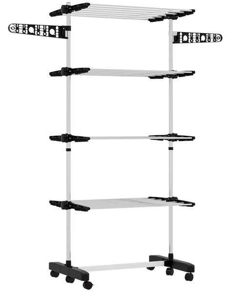 HOMCOM Four-Shelf Collapsing Clothes Horse, With Side Arms and Wheels - Black