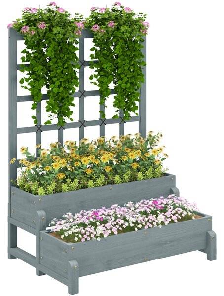 Outsunny 2-Tier Raised Garden Bed with Trellis, Wooden Elevated Planter Box with Drainage Holes, Outdoor Raised Planter for Climbing Plants, Fruits, Vegetables, Flowers, Grey