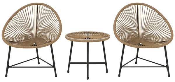 Outsunny 3 Pieces Rattan Bistro Set, Garden Bistro Set with Acapulco Chairs and Glass Top Table, Small Garden Furniture Set with Reinforced Metal Frame for Outdoor, Patio, Balcony, Natural