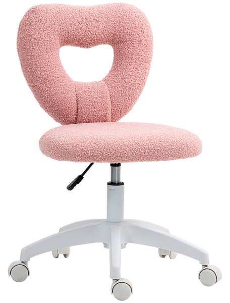 HOMCOM Armless Heart Computer Desk Chair, Teddy Fleece Swivel Office Chair, Makeup Vanity Chair with Height Adjustable, Wheels, for Home Study Bedroom, Pink