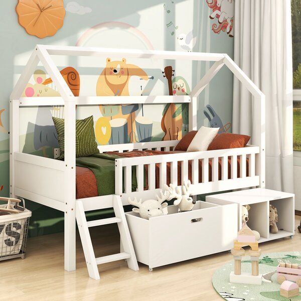 Children's Bed with Drawers and Storage Compartments, Pinewood Frame, Anti-Fall Railings, Kids Bedroom Furniture, 196x97x161.2 cm, White Aosom.UK