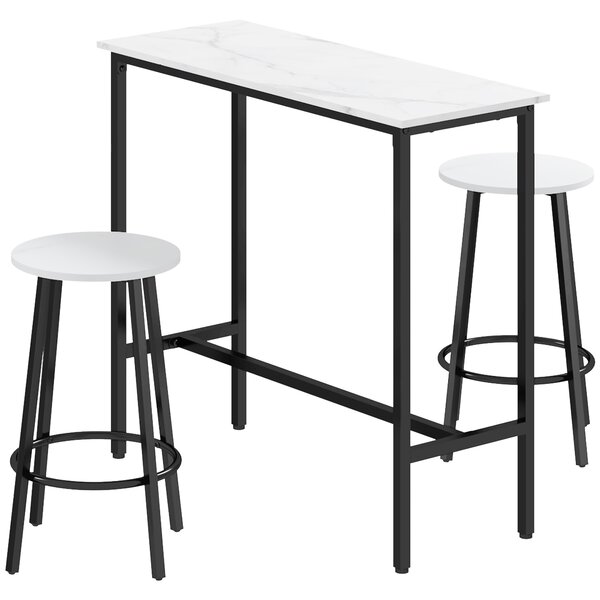 HOMCOM 3 Piece Bar Table and Stool Set for 2 with Stools Steel Frame Footrest for Kitchen Living Room Small Space White Aosom UK
