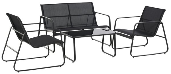 Outsunny 4 Piece Garden Furniture Set Outdoor Patio Sofa Set with Double Chair, Single Chairs and Glass Top Table for Terrace and Balcony, Black