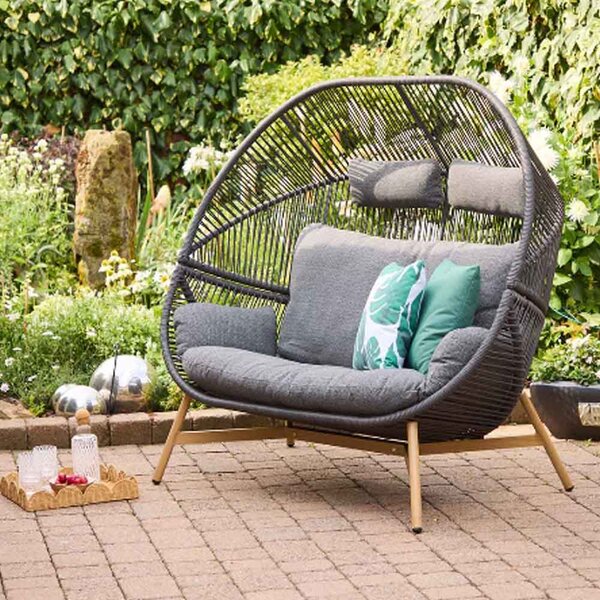 Piero Rattan Garden 2 Seater Cocoon Chair in Charcoal Grey and Oak