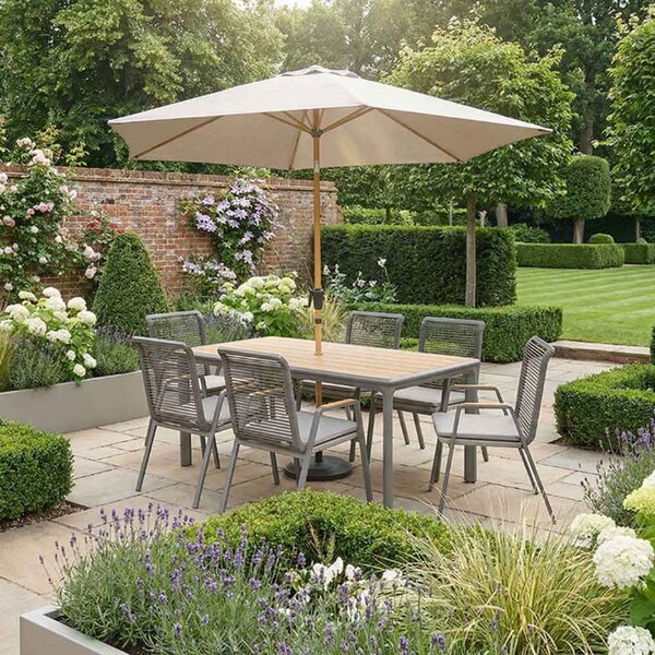 Selma Aluminium Garden 6 Seater Dining Set with Parasol in Grey and Oak