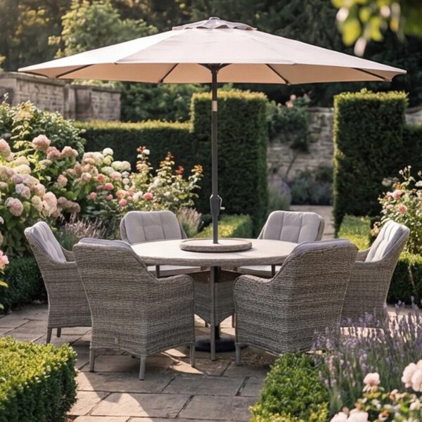 Sewanee Garden Ceramic Glass Top Dining Set with Deluxe 3.0m Parasol in Sand